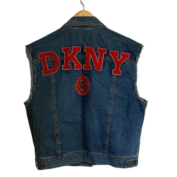 Vintage ‘92 Designer Donna Karan NY Denim Felt Letterman Vest Streetwear Retro - Picture 3 of 11